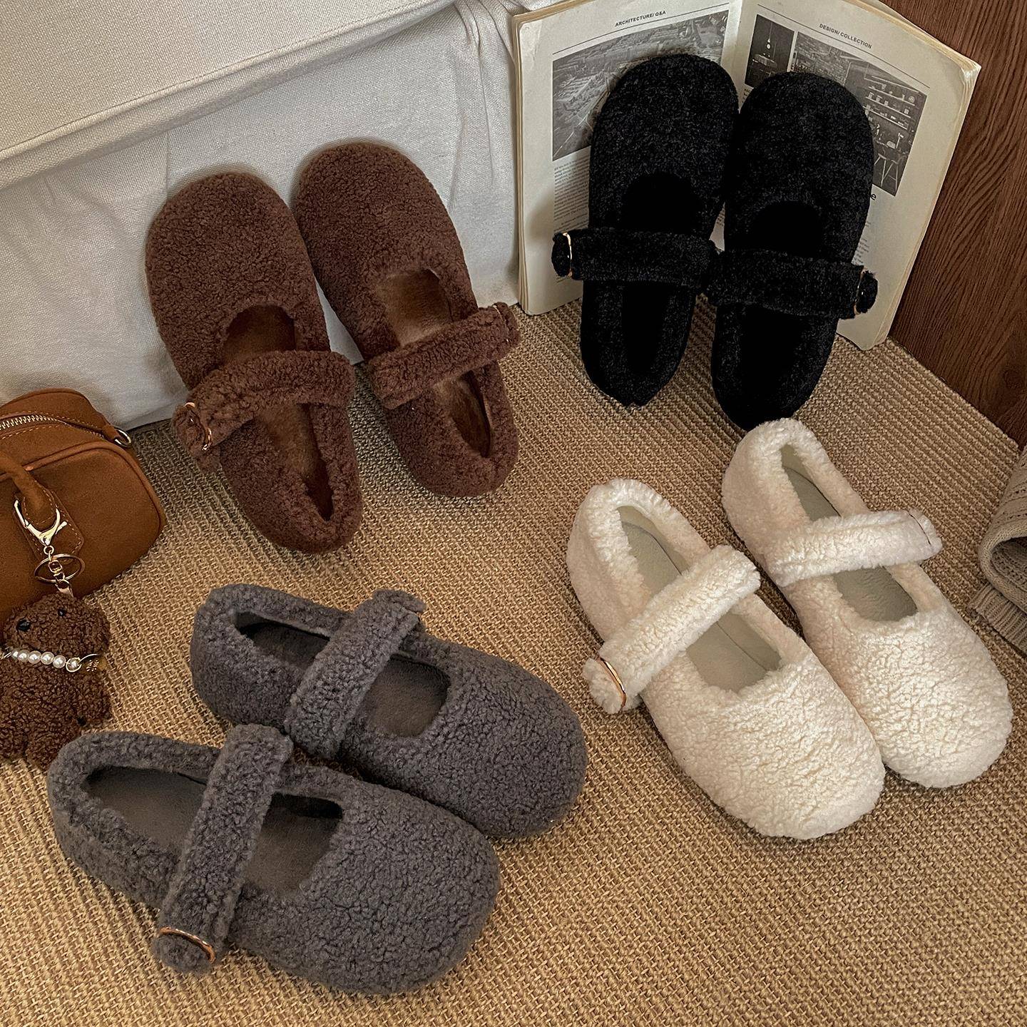 南在南方黑色平底毛毛鞋女2025新款冬季配裙子百搭保暖加绒棉鞋子