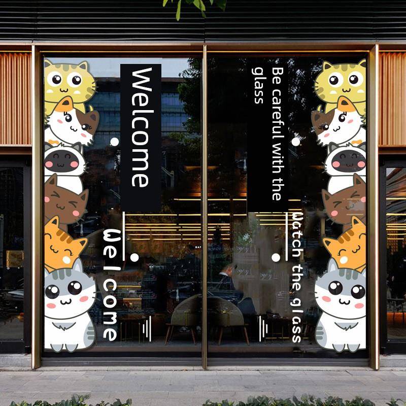 创意和可爱的欢迎门贴纸猫堆叠高贴纸衣服宠物店小心玻璃提醒贴纸