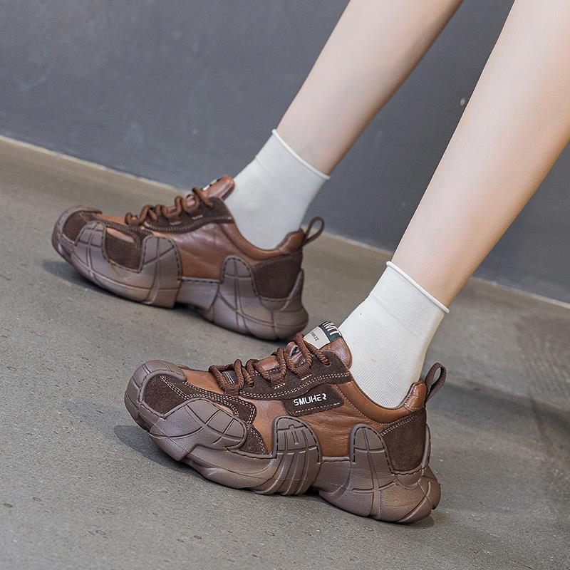 休闲鞋厚底女鞋子牛皮老爹鞋百搭中跟户外运动鞋2025秋季新款透气