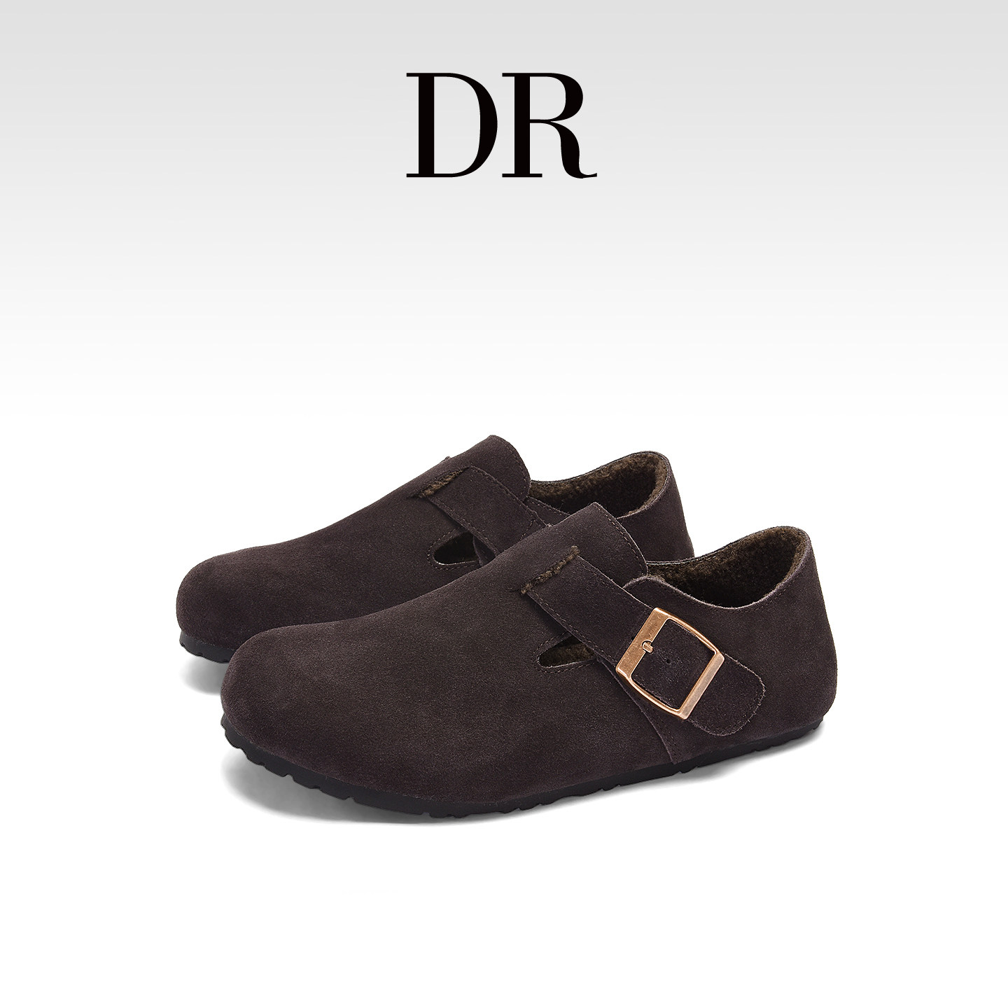 真皮加绒保暖全包搭扣平底勃肯鞋