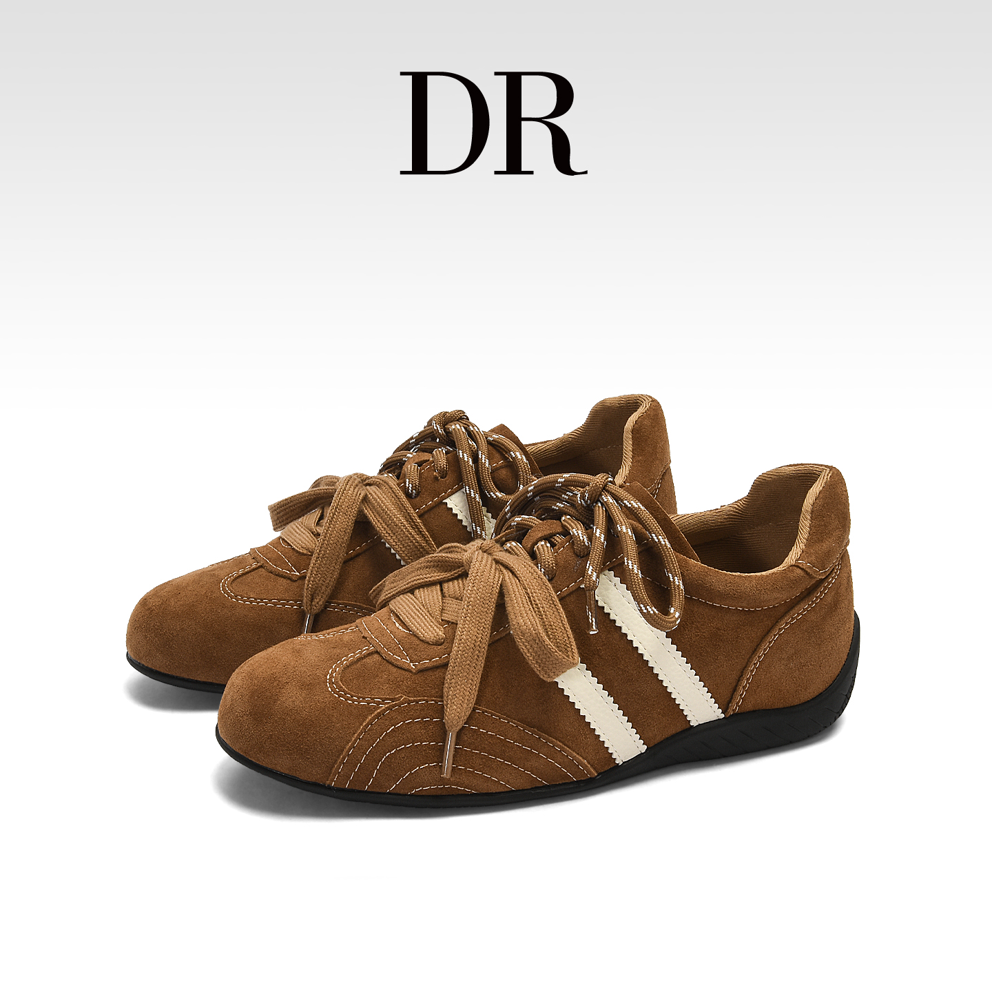真皮复古棕色拼色交叉绑带德训鞋