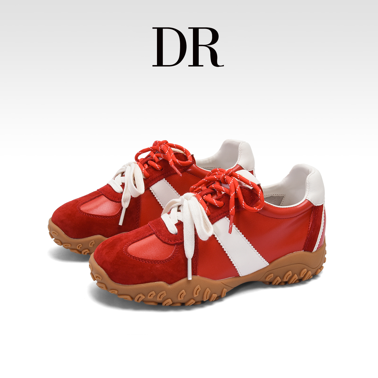 复古厚底增高休闲红色真皮德训鞋