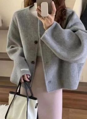 圆领短款双面羊毛大衣女2024冬季韩版宽松气质小香风毛呢外套韩系