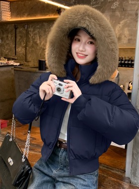 实拍美式辣妹毛领连帽棉服外套女冬季2025新款加厚短款面包服外套