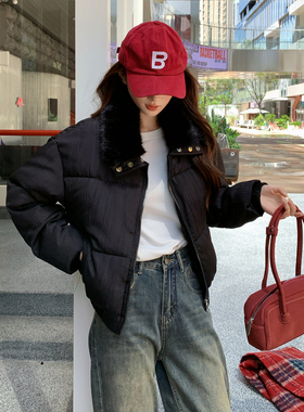 实拍美式复古毛领翻领加厚棉服外套女小香风冬季时尚气质短款棉袄