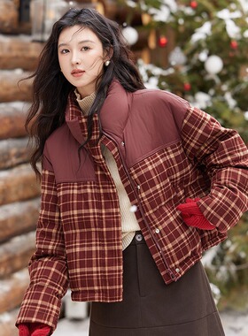 设计感撞色格子羽绒棉服女2025冬季新款韩版小个子面包服外套