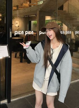 美式复古撞色连帽拉链卫衣外套女秋季休闲宽松开衫慵懒风灰色上衣