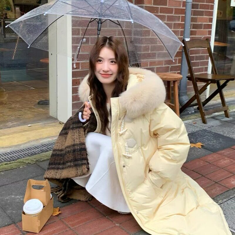 韩版羽绒棉服女冬季2025新款中长款牛角扣设计感大毛领加厚棉袄