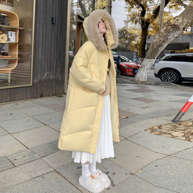 实拍奶黄色羽绒棉服女中长款2025冬季新款棉衣时尚盘扣棉袄外套