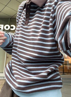 翻领条纹卫衣女秋冬新款复古百搭撞色宽松韩系高级感休闲长袖上衣