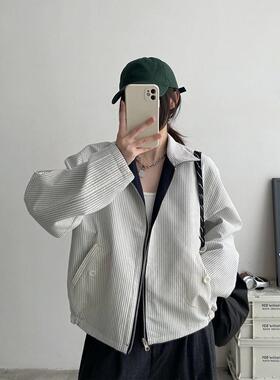 新款条纹翻领双面穿夹克外套2025春秋季复古设计宽松休闲百搭上衣