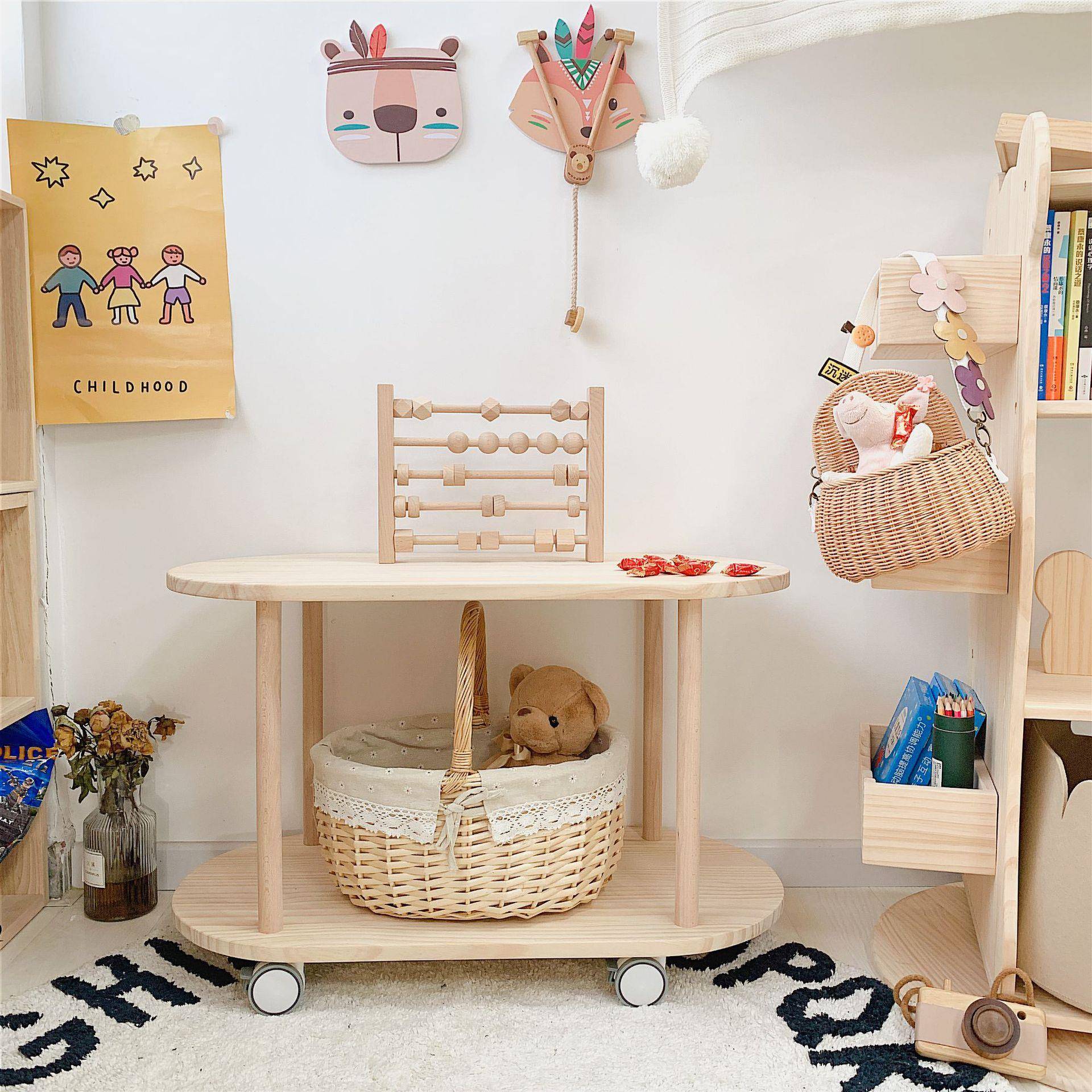 亲子餐厅日系韩式儿童房角落餐车茶几床头柜多层推车置物架全实木