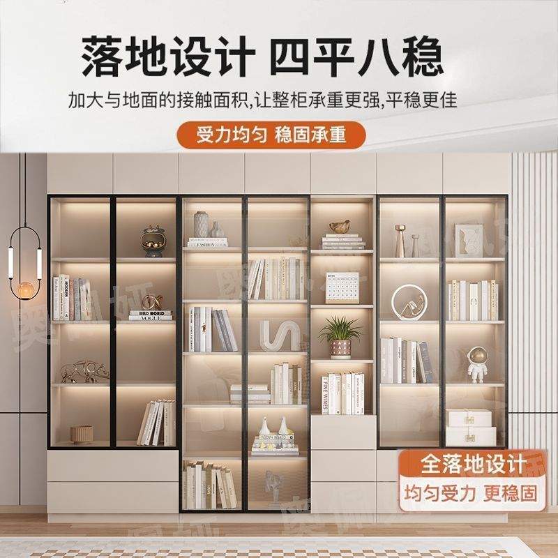实木玻璃书柜意式家用书房展示柜生态板轻奢落地柜透明收纳储物柜