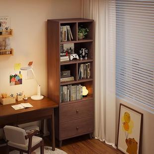 胡桃色实木生态板书架置物架落地卧室多层收纳柜子储物柜转角书柜