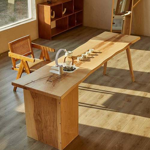 现代简约实木茶桌办公桌白蜡木长条茶台民宿家居自然边原木茶桌