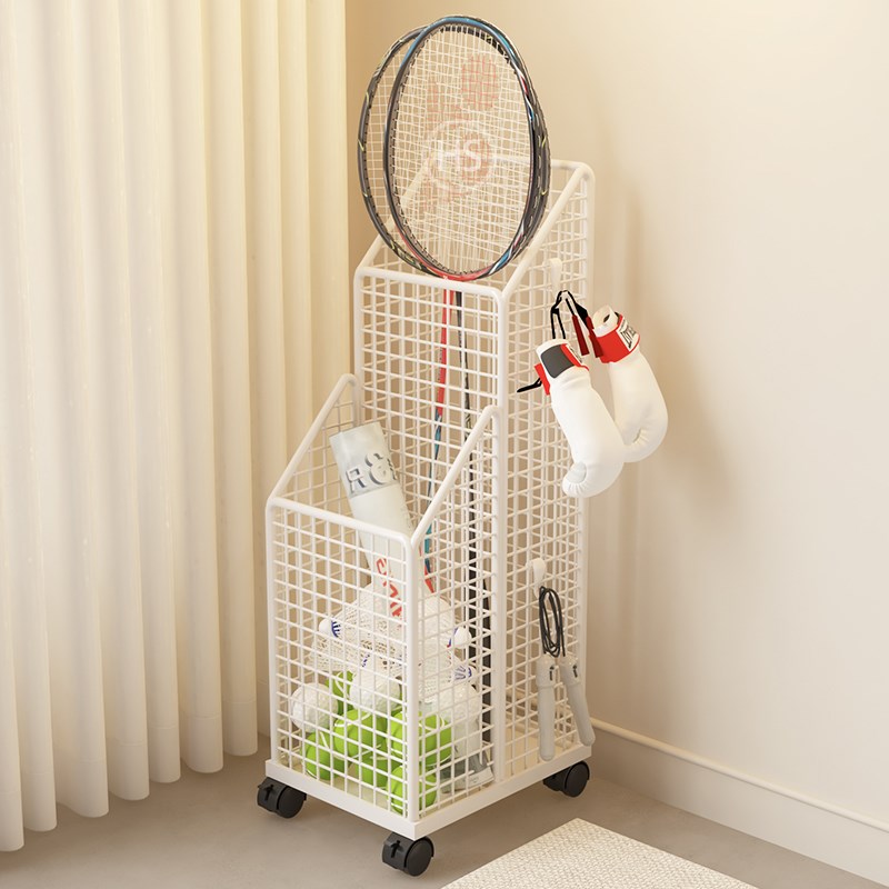 羽毛球拍置物架落地瑜伽垫收纳筐带轮家用健身整理运动器材收纳架
