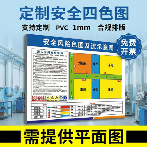 安全风险四色分布图设计定制墙贴公司企业四色风险图分布图告知牌工厂车间治理风险分级管控与逃生消防疏散图