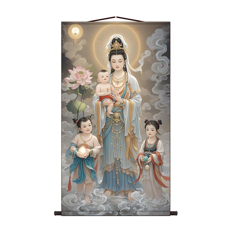 送子观音挂画像卷轴求子送子娃娃五子观音图中R式结缘装饰画摆件