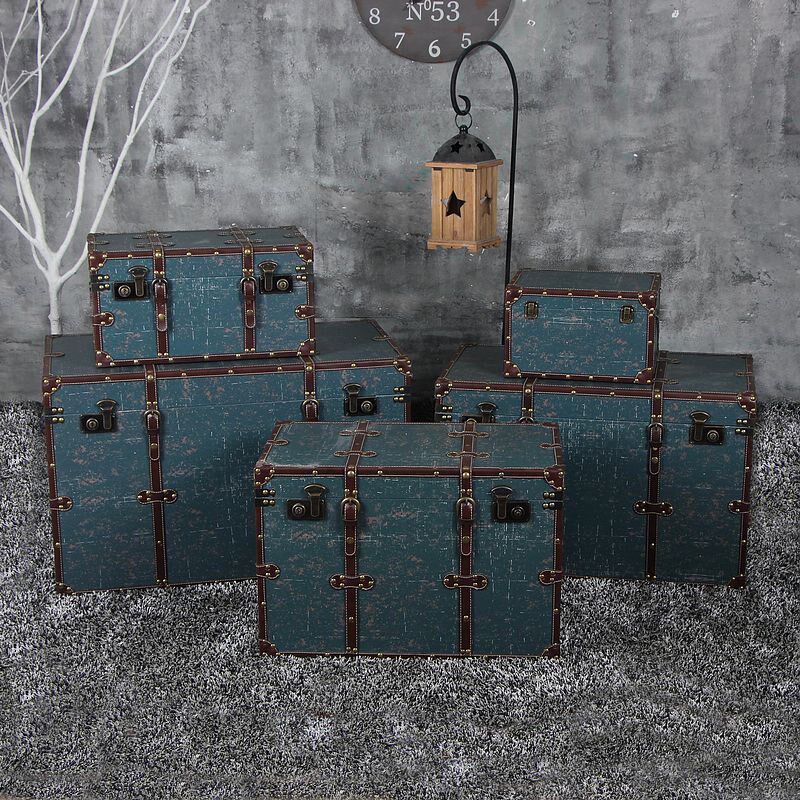 复古箱子收纳皮箱做旧储物u箱欧美客厅茶几箱实木箱带锁仿古大箱