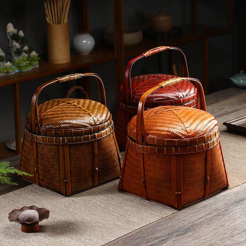 纯手工竹编提篮复古水果点心筐茶具收纳篮家用中式带盖送餐篮食盒