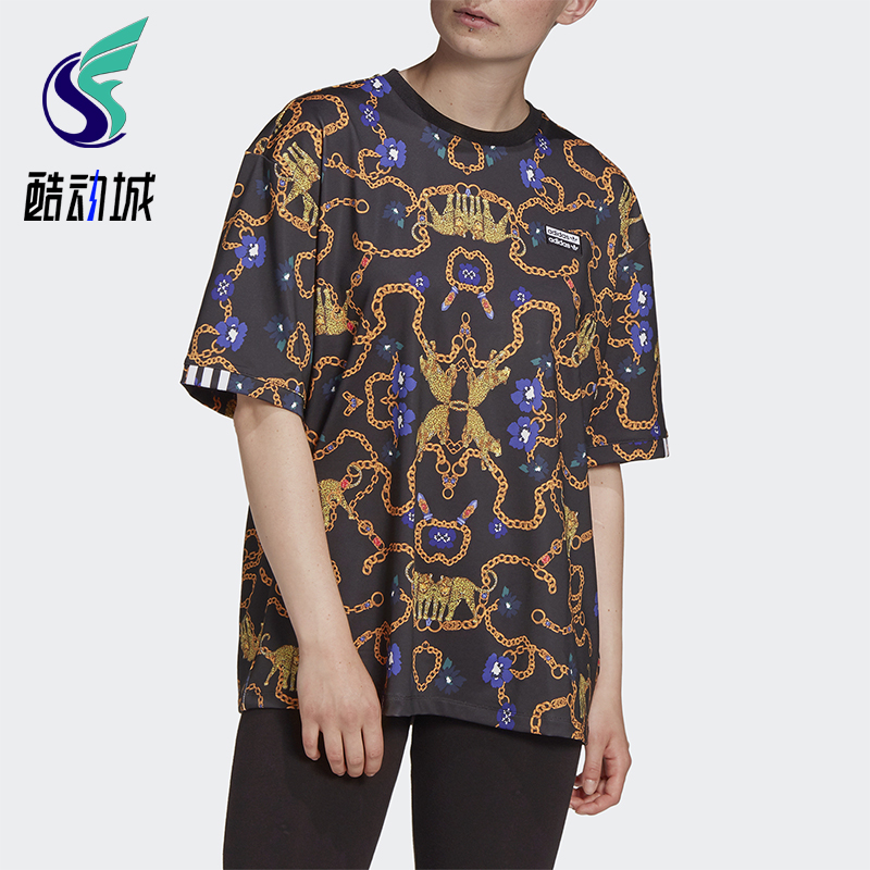 Adidas/阿迪达斯正品三叶草女士透气套头满印印花短袖T恤GD4268