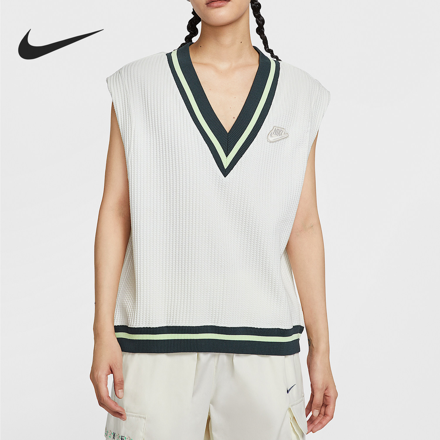 Nike/耐克正品Sportswear女士休闲宽松针织V领背心T恤IM7483-133,运动服/休闲服装,运动T恤,淘宝优惠券,粉丝福利购,淘宝优惠卷