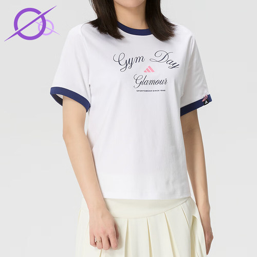 Adidas/阿迪达斯正品VERBIAGE新款女白蓝色撞色经典短袖T恤KB7196