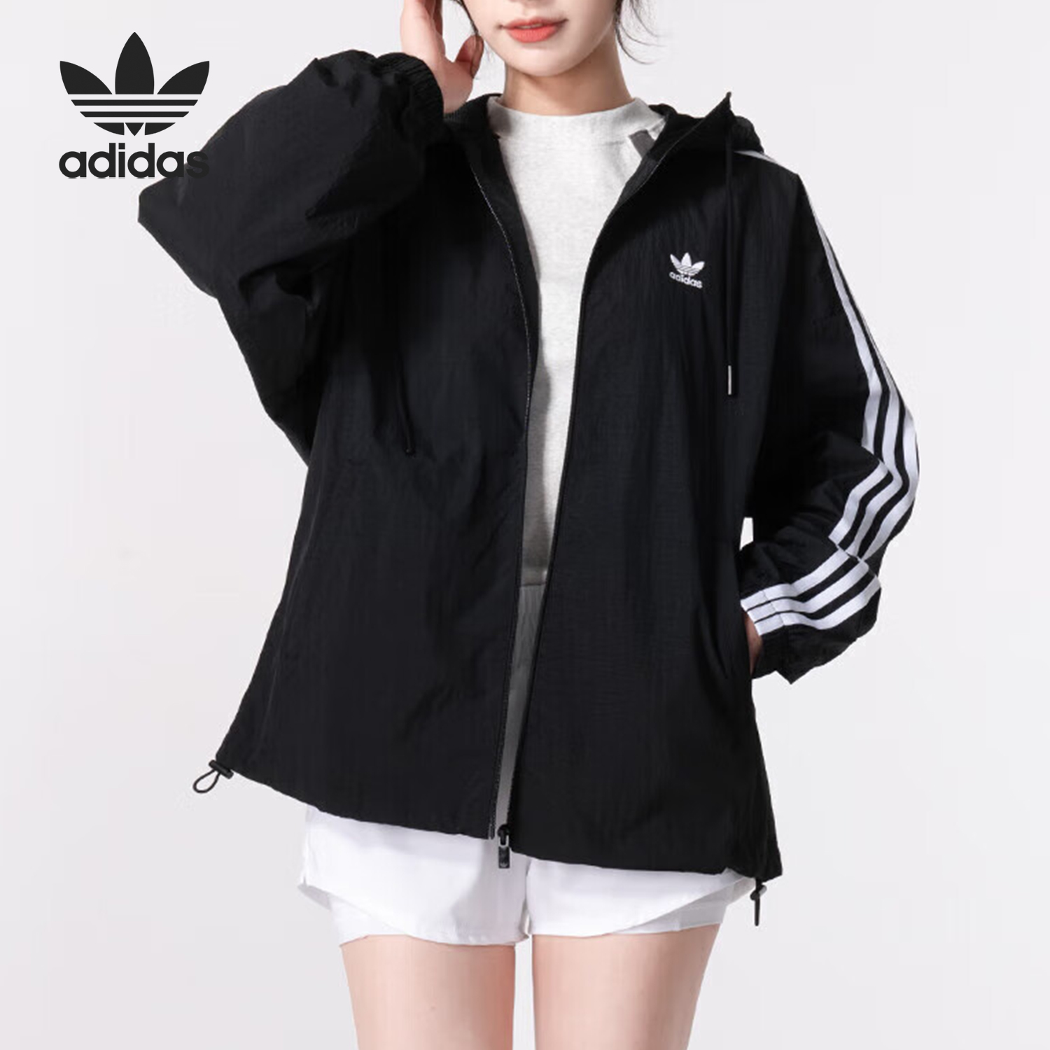 Adidas/阿迪达斯正品三叶草女士宽松连帽防风夹克外套IR8095
