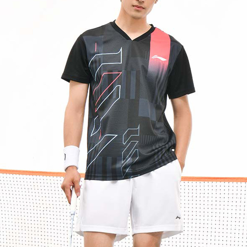 李宁正品男女同款条纹品牌Logo印花直筒舒适短袖T恤AAYU269-1