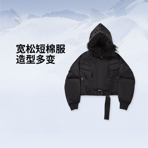 李宁正品复古运动系列女子时尚潮流保暖宽松短棉服外套AJMW120-2