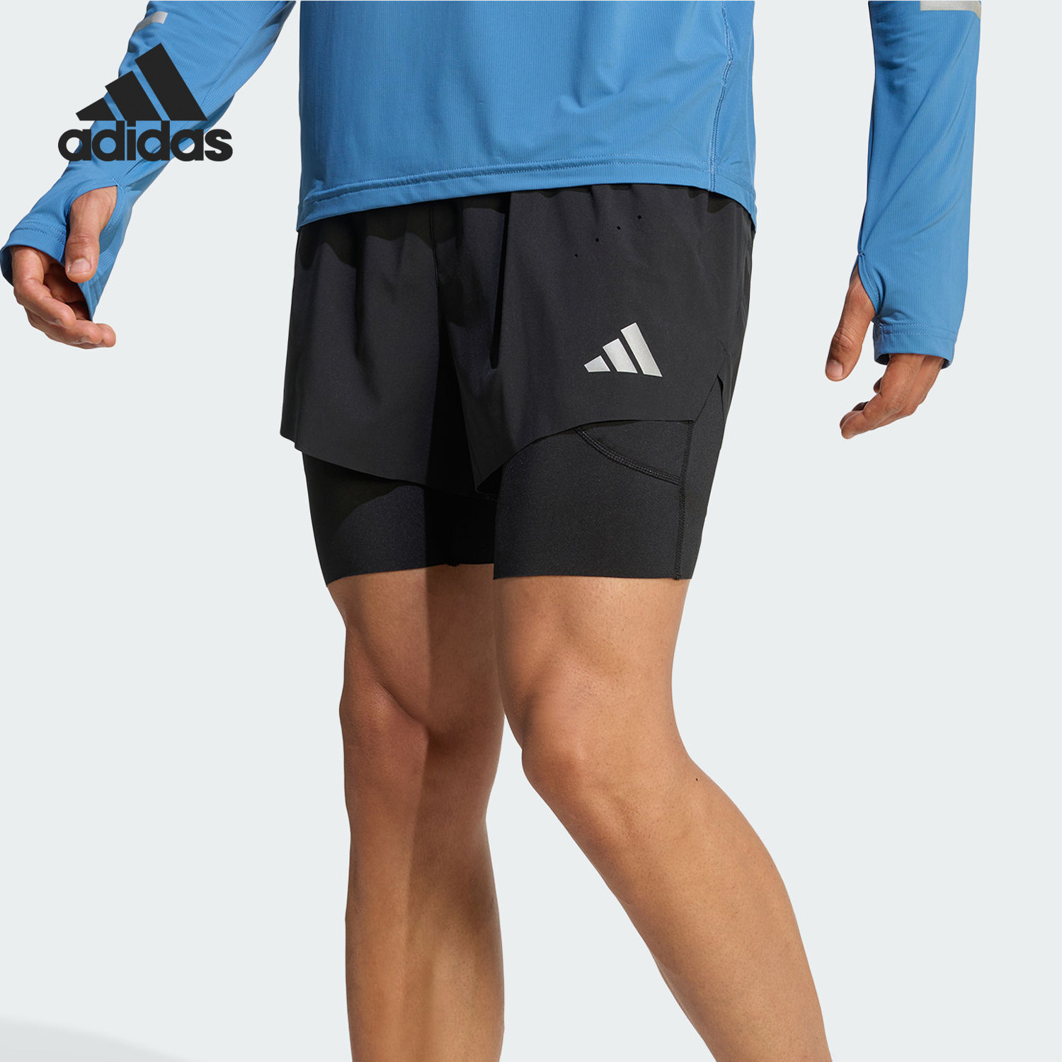 Adidas/阿迪达斯正品男士二合一训练健身跑步运动短裤KE8215