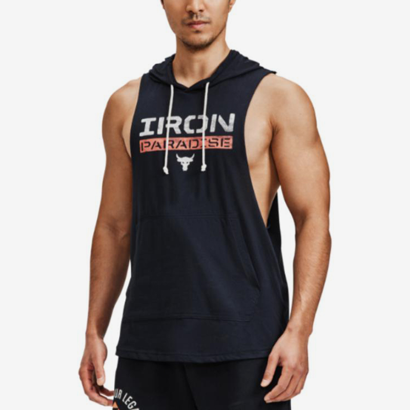 UA/安德玛正品运动男士针织字母印花户外无袖连帽背心1370493-001