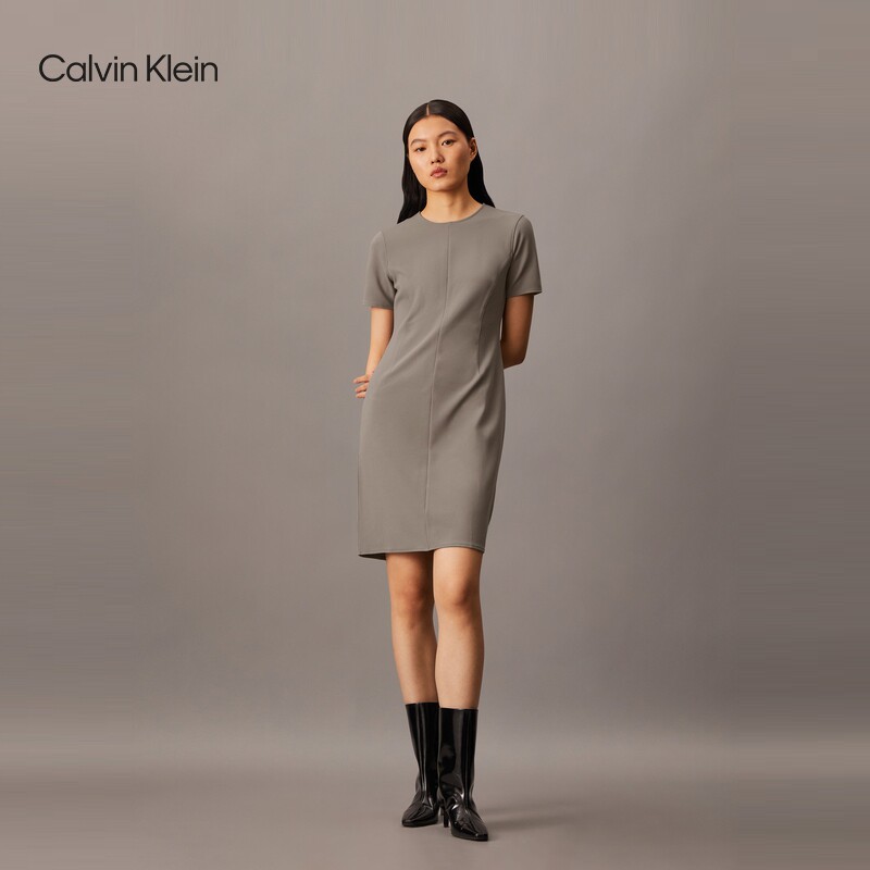 CK高级成衣系列秋季女士气质休闲通勤净色圆领显瘦短袖T恤连衣裙