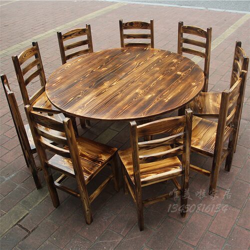 炭烧木松木实木火l烧木碳化餐桌椅酒店饭店餐馆组合大圆桌靠背椅
