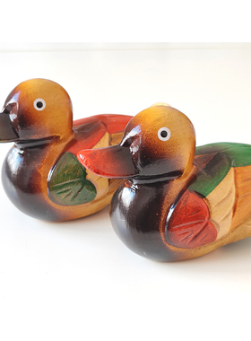 实木手工木雕鸭子卧室床头装饰A桌面创意摆件鸳鸯桃花阵拍照道具