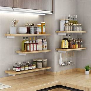 免打孔厨房置物架j隔板壁挂杆墙上调料实木收纳挂架多功能用品神