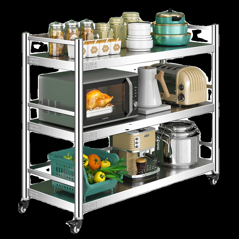 304多功能微波炉m烤箱收纳架落地带轮可移动三层围栏不锈钢置物架