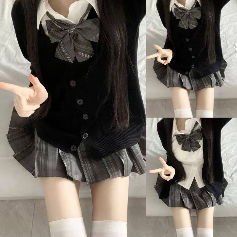 原创jk制服裙正版碳灰格裙校供显瘦修身衬衣叠穿狗短半身裙套装