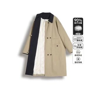 韩系撞色新款休闲2024宽松显瘦中长款风衣羽绒服小个子外套