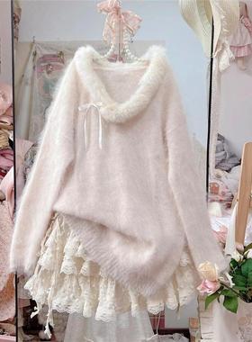 MANO甜美温柔蝴蝶结套头毛衣女秋冬软糯仿水貂绒宽松慵懒针织衫女