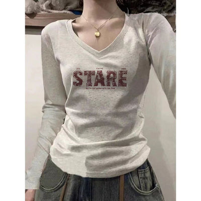纯棉正肩V领长袖修身T恤