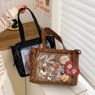 大容量吧唧徽章痛包丝带蝴蝶结托特包女二次元透明单肩腋下包