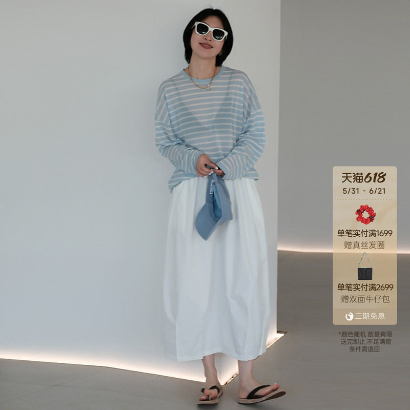 GOLDEN BARRY26夏新款慵懒日常宽松棉混纺条纹针织衫T恤246480