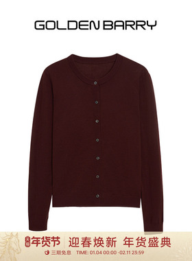 GOLDEN BARRY金和百瑞2025秋冬圆领100绵羊毛酒红毛织开衫241205