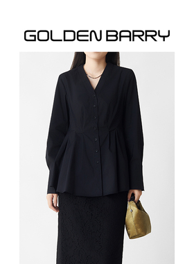 GOLDEN BARRY金和百瑞春季日常通勤V领收腰褶皱纯色衬衫女212565