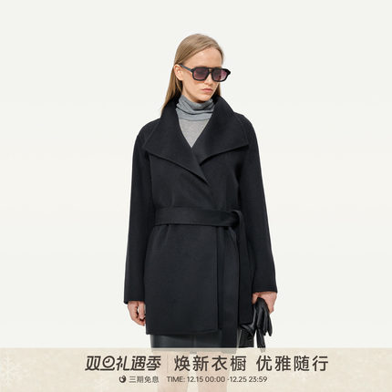 【羊绒羊毛】GOLDEN BARRY25冬静奢大翻领系带中长款呢大衣140079