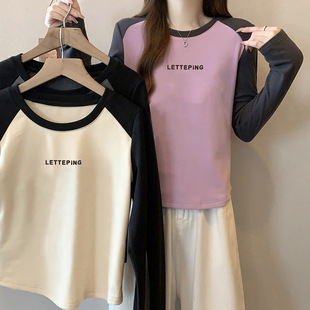 2024秋冬新款 胖mm大码 女印花字母撞色拼接加厚插肩打底衫