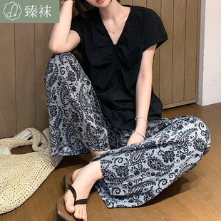 覆古印花阔腿遛弯长裤 棉绸裤 宽松休闲可外穿居家睡裤 薄款 子女夏季