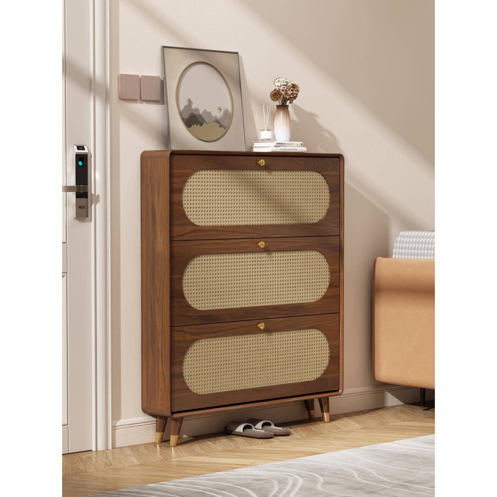 需定制藤编鞋柜实木框家用门口入户玄关柜中古风超薄翻斗柜小户型