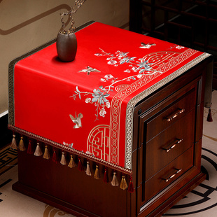 速发红色床头柜盖布结婚喜长客厅茶几装饰垫布桌台布字条茶布边柜
